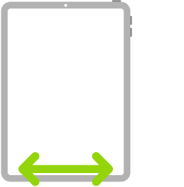 رسم توضيحي للـ&nbsp;iPad. سهم ثنائي الرأس يشير إلى التحريك إلى اليسار أو اليمين عبر الحافة السفلية للشاشة.