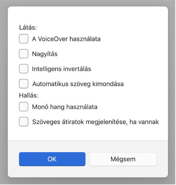 Az Apple Devices app kisegítő lehetőségeiben a VoiceOver használata, a Nagyítás, az Intelligens invertálás, az Automatikus szöveg kimondása, a „Monó hang használata” és a „Szöveges átiratok megjelenítése, ha vannak” elem látható.