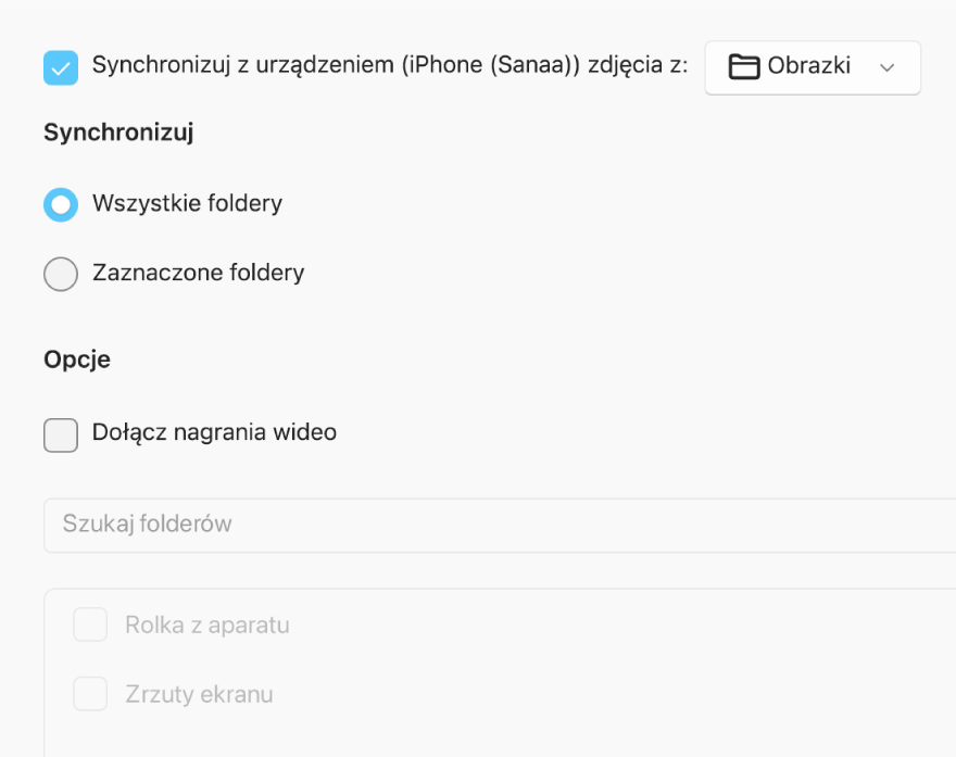 Przyciski przełączania Wszystkie zdjęcia i albumy oraz Zaznaczone albumy. Poniżej widoczne są pola wyboru Tylko ulubione, Dołącz nagrania wideo oraz Automatycznie dołącz zdjęcia z.