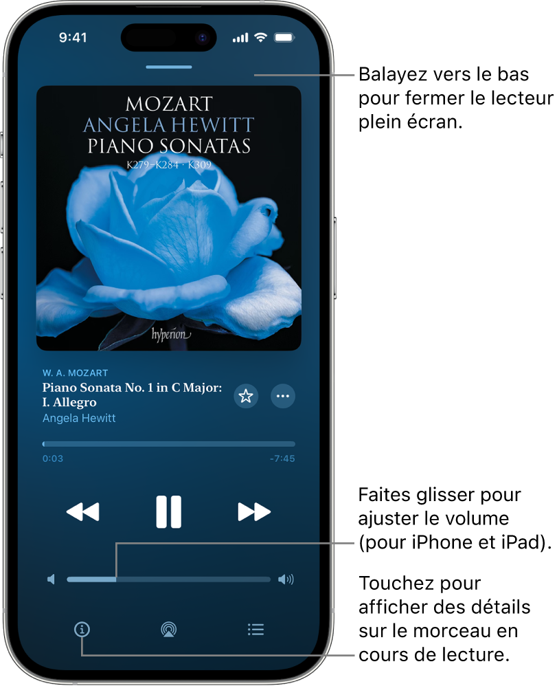 Un iPhone affichant l’écran « À l’écoute » dans Apple Music Classical. En haut de l’écran se trouve une barre grise qui permet en la touchant de masquer l’écran « À l’écoute » et de revenir au mini-lecteur. Sous la barre, figure la pochette de l’album, le nom de l’œuvre et la barre de lecture, indiquant la durée de la piste et le temps écoulé. Dans la partie inférieure de l’écran se trouvent les boutons Reculer, Pause et Avancer, ainsi que la commande de volume et les boutons Infos, AirPlay et File d’attente.