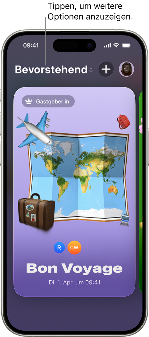 Ein Bildschirm in der App „Einladungen“ mit einem bevorstehenden Ereignis.
