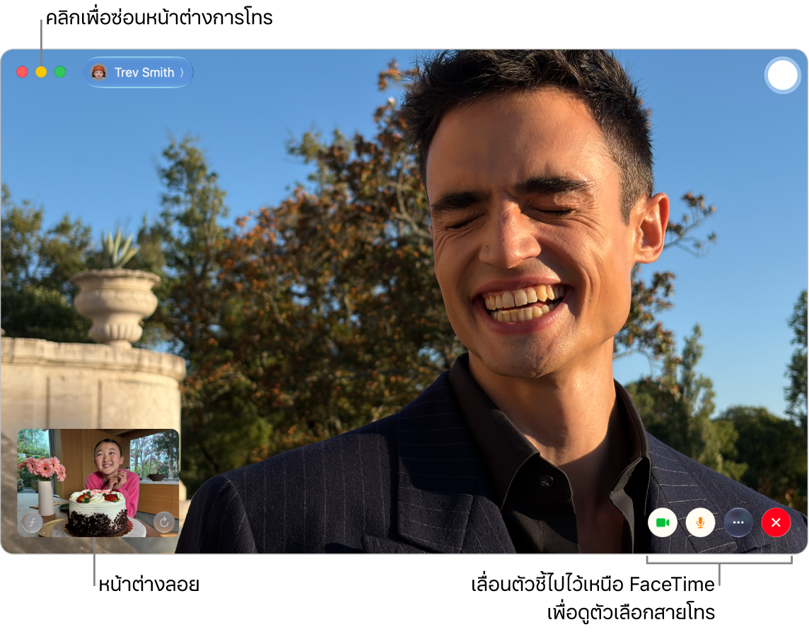 เลื่อนตัวชี้ไปไว้เหนือหน้าต่าง FaceTime เพื่อดูปุ่มแถบด้านข้าง ปุ่มกล้อง ปุ่มปิดเสียง ปุ่มแชร์หน้าจอ ปุ่มวางสาย และปุ่ม Live Photo คลิกปุ่มกลางที่มุมซ้ายบนสุดเพื่อซ่อนหน้าต่างการโทร หน้าต่างลอยแสดงขึ้นที่มุมซ้ายล่างสุด
