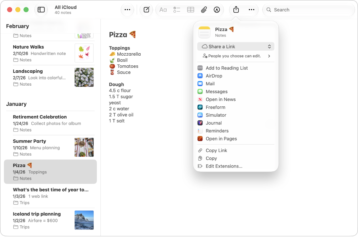 Mac 上的“备忘录” App 窗口，显示备忘录列表和已打开备忘录的“共享”菜单。选项包括链接共享、添加到阅读列表、隔空投送，以及“邮件”、“信息”和“无边记”等各种 App。此处还有用于拷贝链接、拷贝备忘录或编辑扩展的选项。