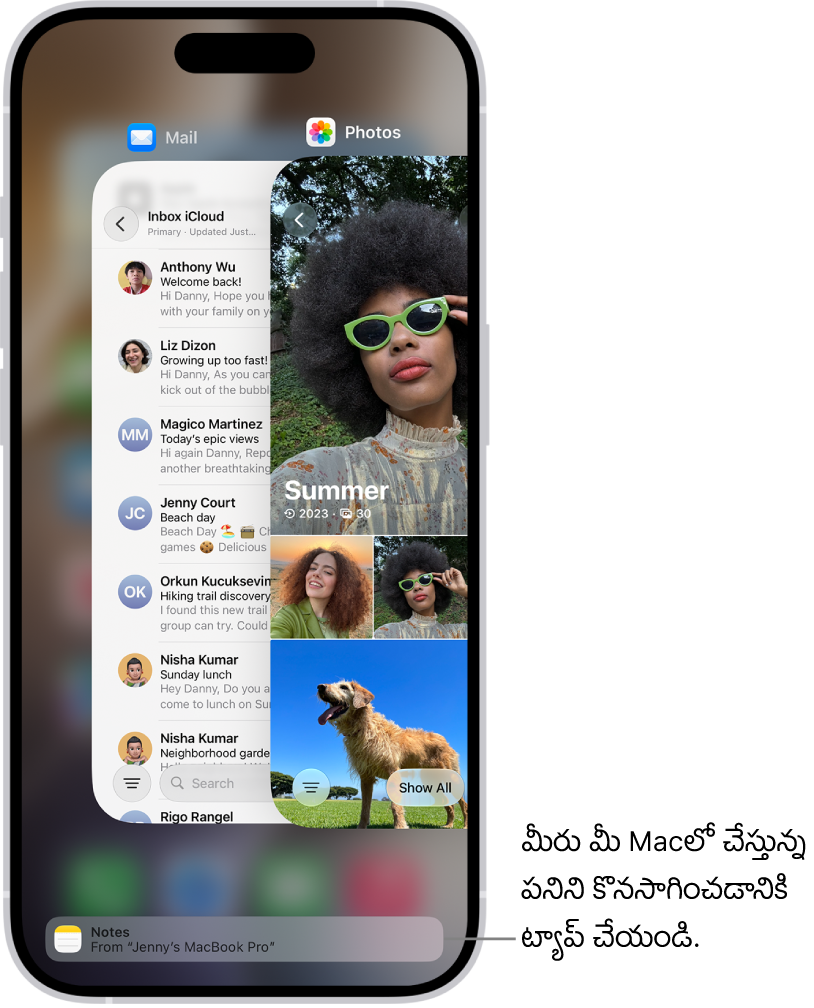 iPhoneలోని యాప్ స్విచ్చర్ స్క్రీన్ దిగువన handoff నోటిఫికేషన్‌ను చూపుతోంది.
