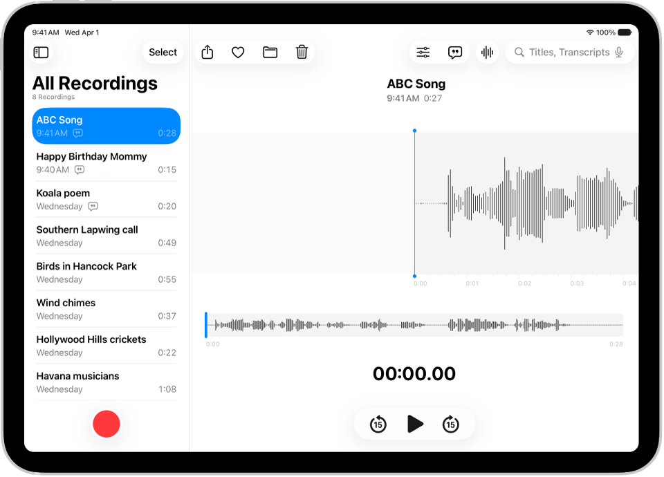 Una grabación realizada en la app Notas de Voz. La lista de las grabaciones está a la izquierda, con una grabación seleccionada arriba. A la derecha, la onda tiene un cursor de reproducción que puedes arrastrar para ir a un punto determinado de la grabación. Arriba de la forma de onda están los botones Compartir, Favorita, Transferir, Eliminar, Opciones de reproducción, Transcripción y Editar. Debajo de la línea de tiempo están los controles de reproducción.