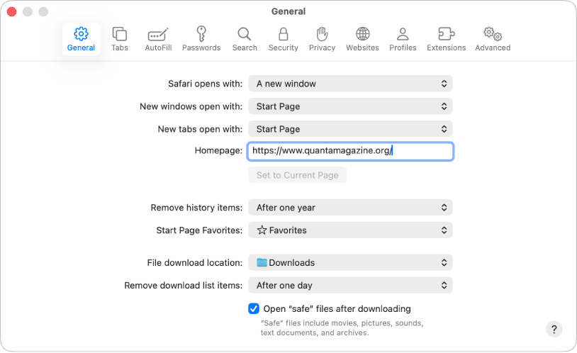 Impostazioni generali per le pagine web di Safari, con la pagina web attuale selezionata come pagina iniziale.