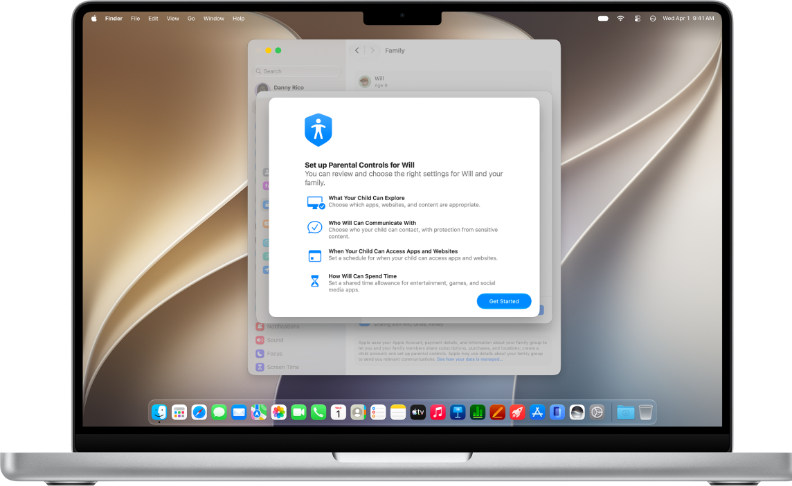 A MacBook showing the option to set up parental controls for a child.