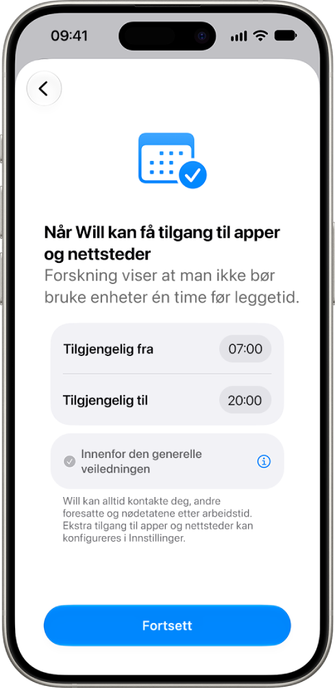 Skjermen for oppsett av foreldrekontroller viser tidspunkter for når et barn kan bruke enheten sin.