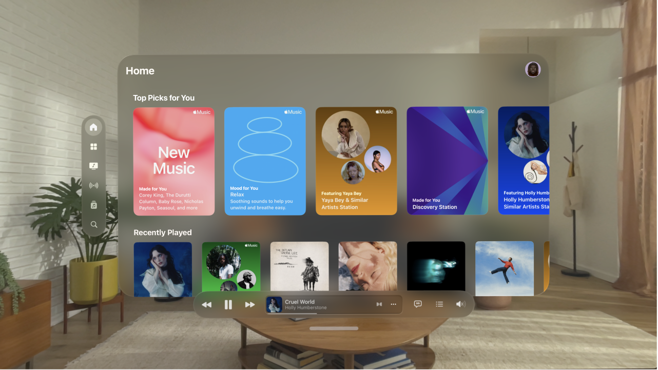 A Music app window on Apple&nbsp;Vision&nbsp;Pro, showing the player controls at the bottom of the window.