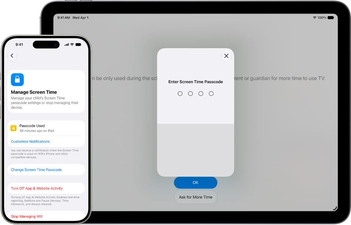 A parent's iPhone showing the ability to manage a child's Screen Time settings and Screen Time passcode. A child's iPad showing a screen that is blocked by a Screen Time passcode.