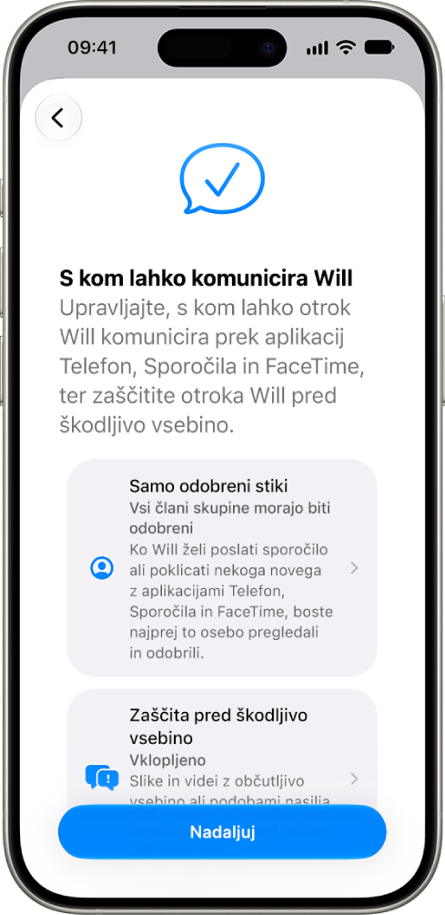 Zaslon za nastavitev starševskega nadzora, na katerem so prikazane možnosti za izbiro oseb, s katerimi lahko otrok komunicira.