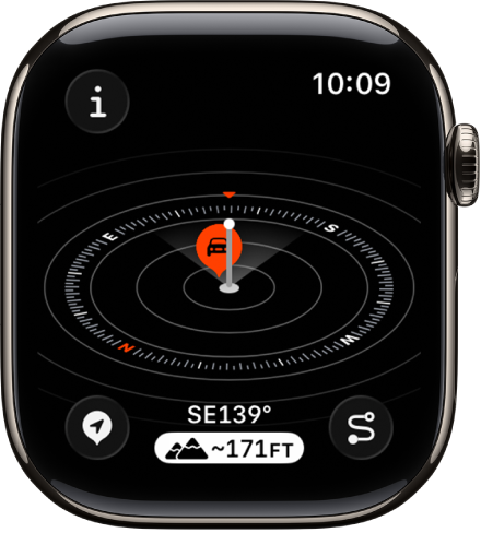 L’app Boussole affichant la présentation de l’altitude. Un point de repère apparaît sur un cadran incliné. Un poteau blanc indique l’altitude actuelle, qui est plus élevée que celle des autres points de repère sur le cadran. Le bouton Informations, se trouve en haut à gauche, le bouton «&nbsp;Points de repère&nbsp;» en bas à gauche, le bouton Altitude en bas au milieu et le bouton «&nbsp;Point de départ&nbsp;» en bas à droite.