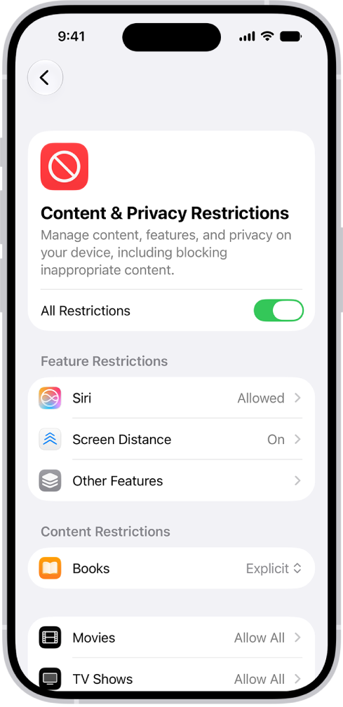 The Content and Privacy Restrictions screen in Screen Time settings, showing Feature and Content Restrictions for categories like Books, Movies, and TV Shows.