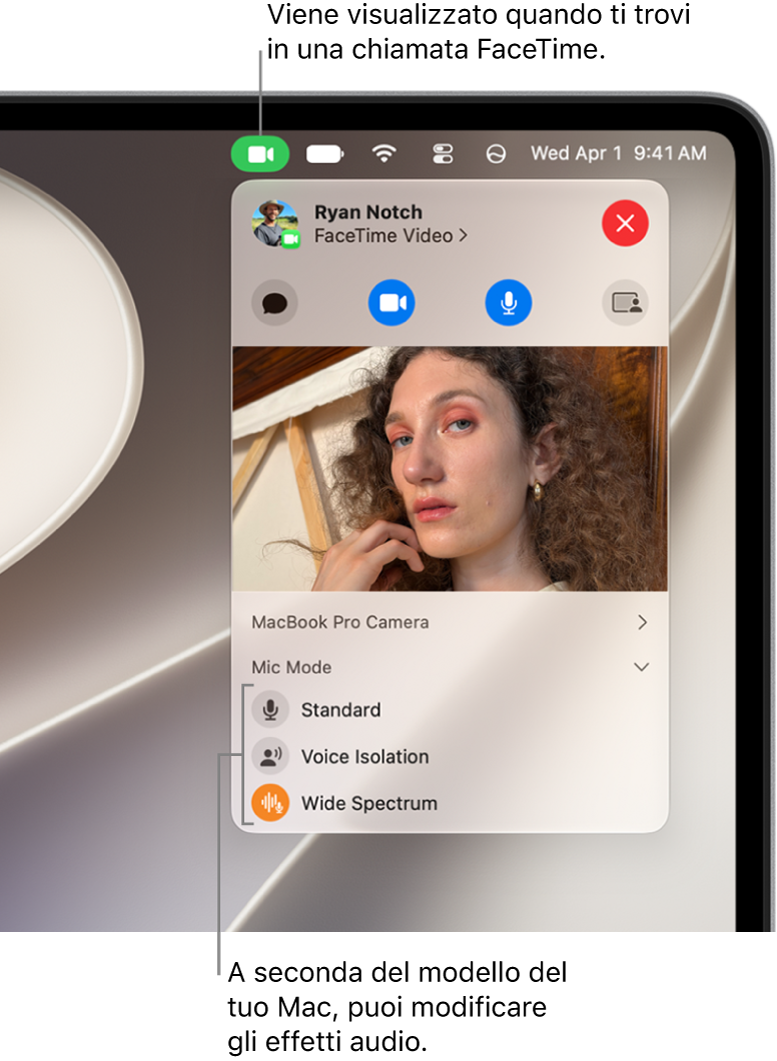 Centro di Controllo nell’angolo superiore destro dello schermo del Mac, che mostra il pulsante Video (che appare durante una chiamata FaceTime) e le opzioni di “Modalità microfono” (che consentono di modificare gli effetti audio, a seconda del Mac).