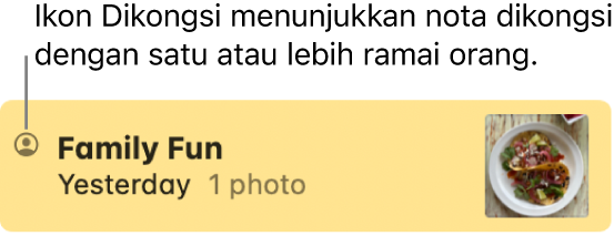 Nota yang dikongsi dengan orang lain dalam perbualan Mesej, dengan ikon Dikongsi di sebelah kiri nama nota.