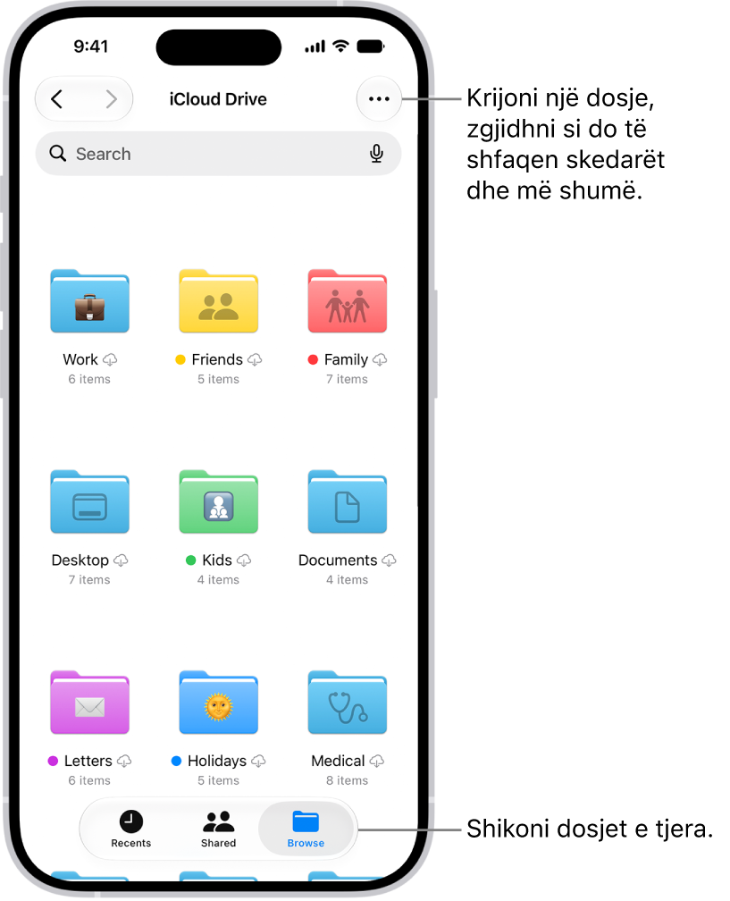 Aplikacioni Files që shfaq skedarët dhe dosjet në iCloud Drive. Menyja More ka opsionet për zgjedhjen e artikujve, krijimin e dosjeve të reja, skanimin e dokumenteve dhe lidhjen me serverin. Më poshtë janë opsionet për të parë artikujt në ekran si Icons ose List. Në fund janë opsionet e renditjes për Name, Kind, Date, Size dhe Tags, ndjekur nga View Options.