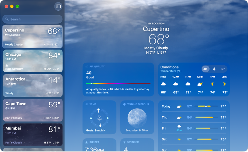 The Weather window showing the current temperature and conditions, the high and low temperatures for the day, air quality, the hourly forecast, wind speed, moon phase, and several days of the 10-day forecast.