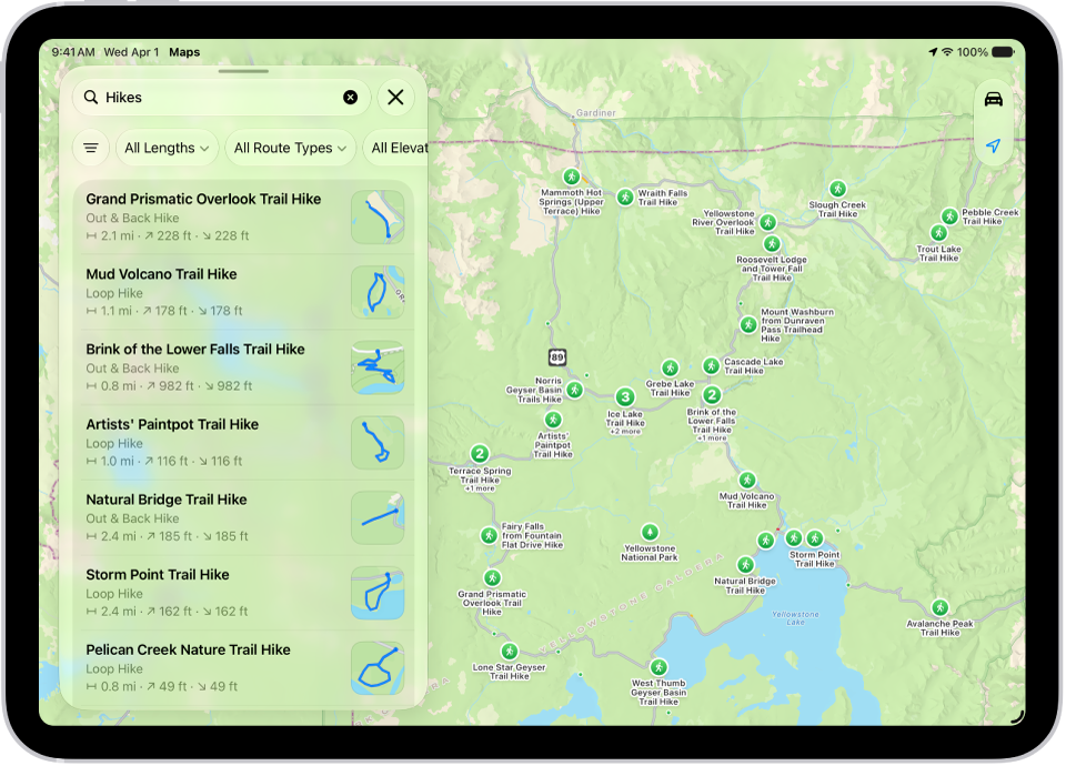 The Maps app showing results matching a search for hikes in a national park.