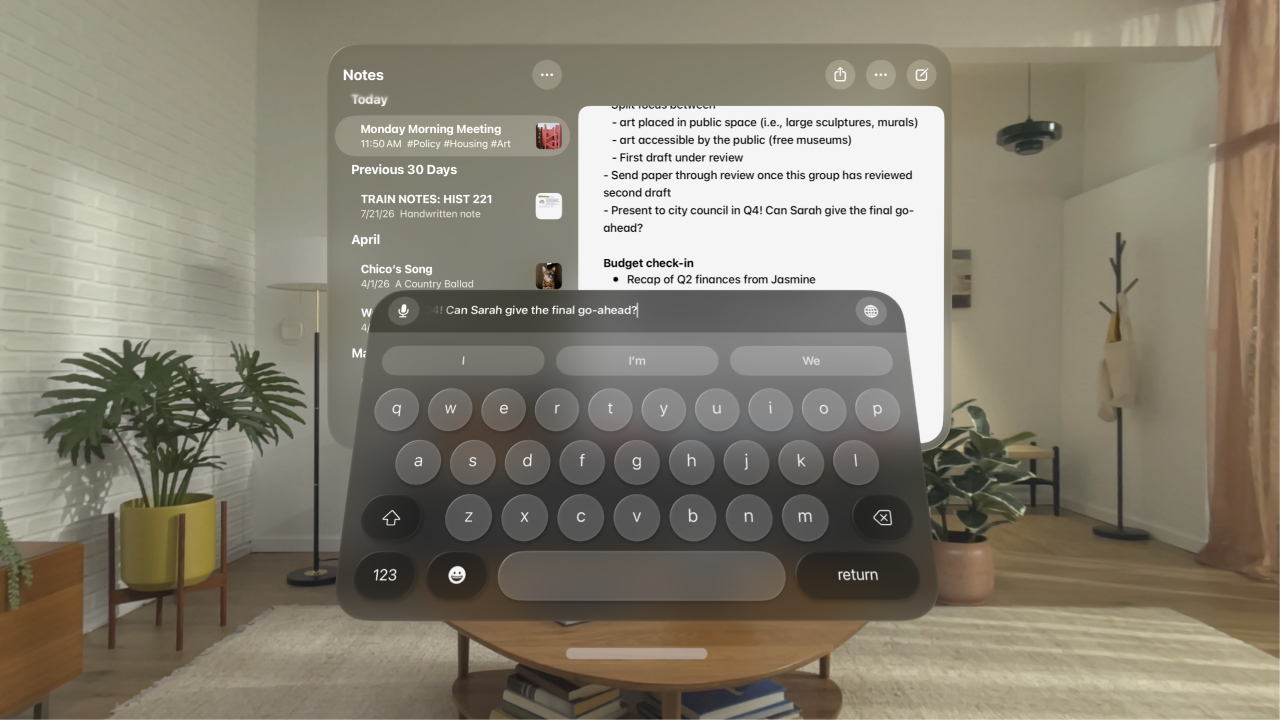 The Notes app on Apple&nbsp;Vision&nbsp;Pro, with the virtual keyboard showing, and a preview of the text being edited above it.