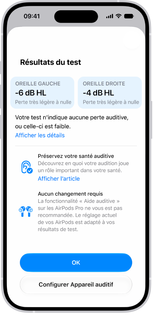 Des résultats du test d’audition sur l’iPhone, n’affichant presque aucune perte de l’audition dans les deux oreilles. En bas se trouvent des options pour toucher OK ou «&nbsp;Configurer Appareil&nbsp;auditif&nbsp;».