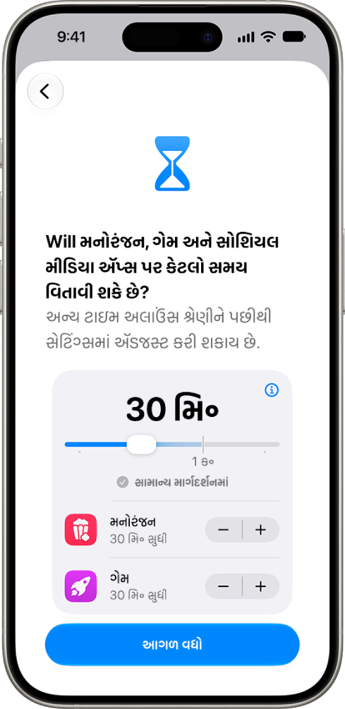 વાલી નિયંત્રણ સેટ અપ સ્ક્રીન જેમાં સોશિયલ મીડિયા અને મનોરંજન જેવી ઍપ શ્રેણીઓમાં અનુમતિ પ્રાપ્ત સમય બતાવવામાં આવ્યો છે.