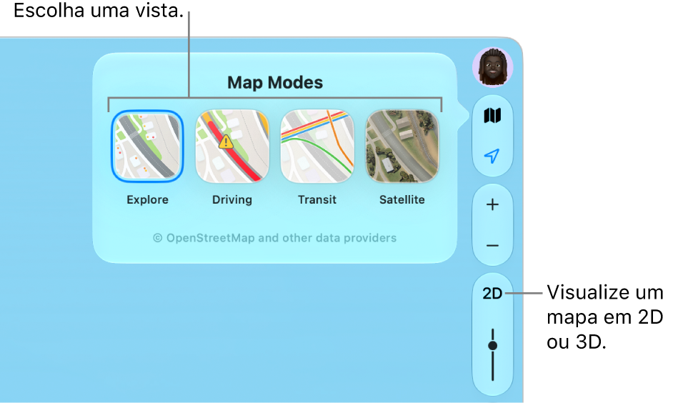 O botão Mapa foi clicado e quatro visualizações de mapa estão disponíveis: Explorar, De carro, Transporte público e Satélite.