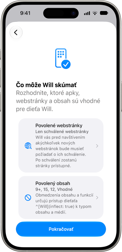 Obrazovka nastavenia rodičovskej ochrany s&nbsp;možnosťami pre typ obsahu, ku ktorému je možné pristupovať, ako sú apky a&nbsp;webové stránky.