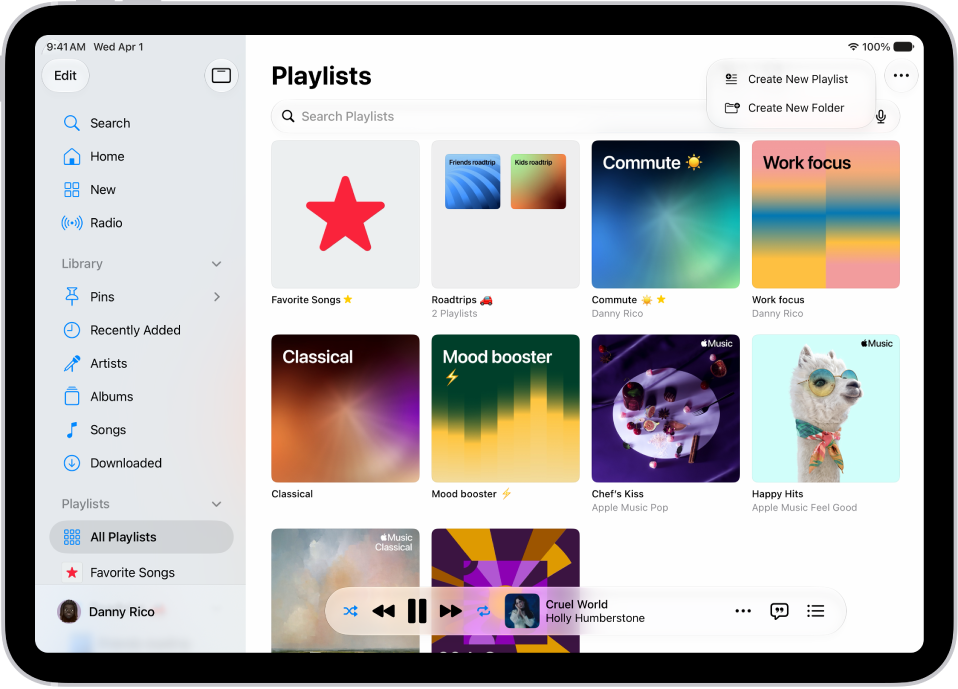 The Playlists tab showing the sidebar at the left and the list of playlists at the right. At the top are buttons to create a new playlist or create a new folder.