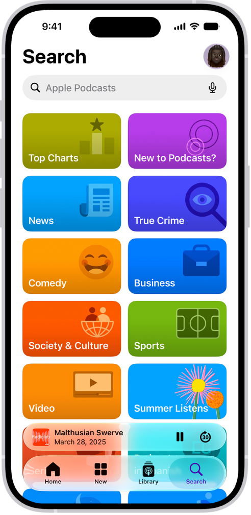 L’écran de recherche de l’app Podcasts, affichant les catégories de podcasts. Vers le bas de l’écran se trouve le mini-lecteur. En dessous se trouvent le bouton Accueil et le champ de recherche.