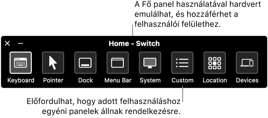A Kapcsolóvezérlés Főoldal panelén az alábbi gombok találhatók balról jobbra: billentyűzet, mutató, Dock, menüsor, rendszervezérlők, egyéni panelek, képernyő elhelyezkedés és egyéb eszközök.