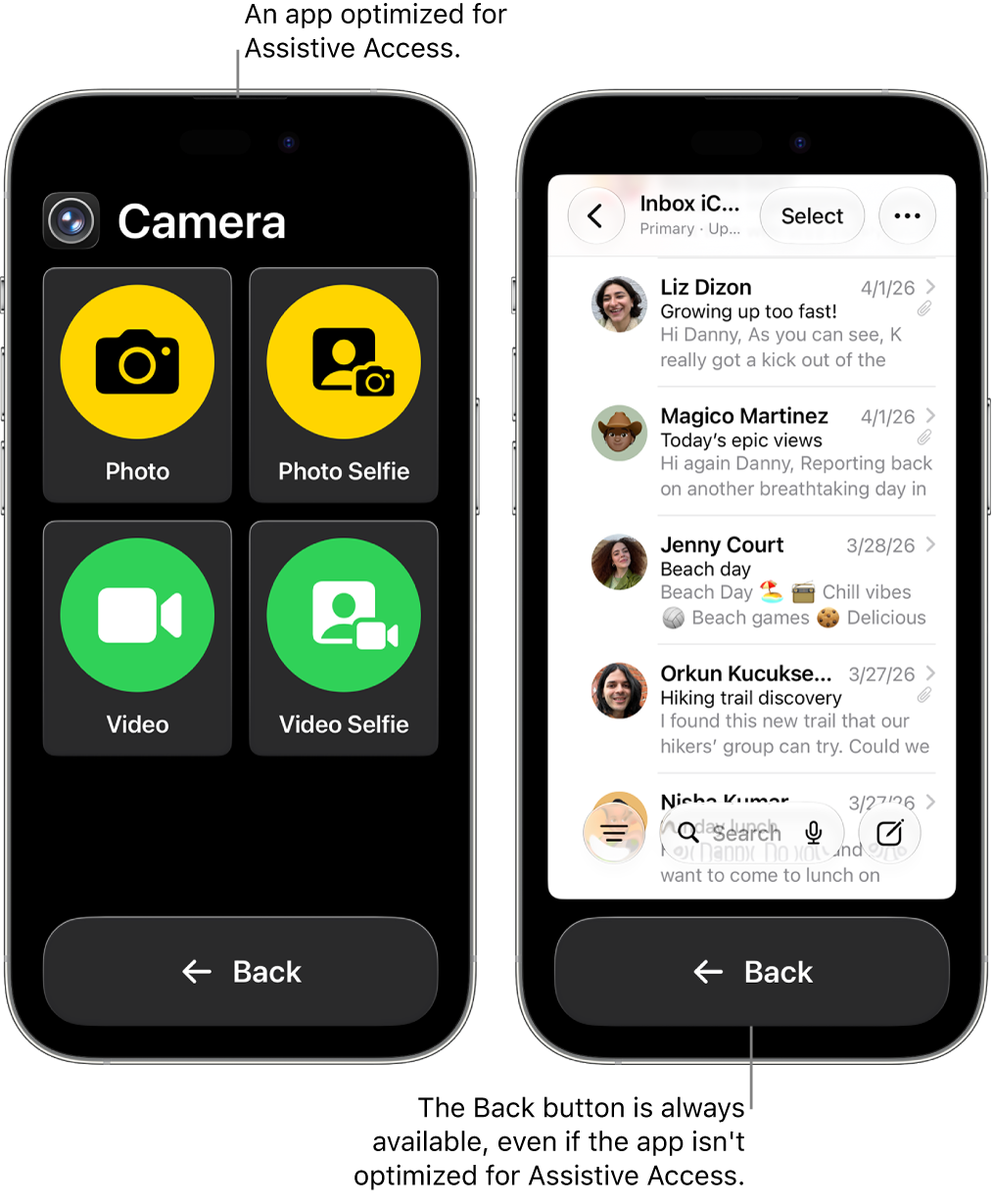 Two iPhone screens in Assistive Access. One iPhone shows an app designed for Assistive Access with a large grid of buttons. The other iPhone shows an app not made for Assistive Access and in its original design. The app is smaller onscreen, with a large Back button at the bottom.