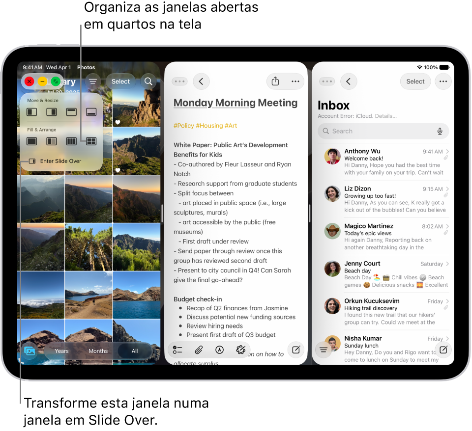 Tela do iPad com quatro apps abertos e um layout de janela selecionado que os organiza em quartos.