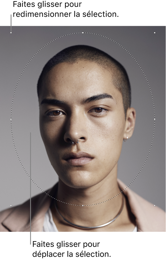 La photo d’une personne avec une sélection ovale autour de sa tête.