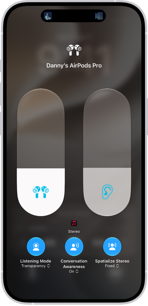 The volume screen in Control Center showing the volume level for AirPods&nbsp;Pro. Below the volume indicator on the left is the Listening Mode icon, indicating that Transparency mode is on.
