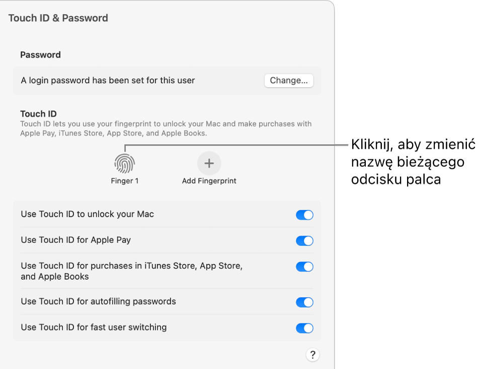 Ustawienia Touch&nbsp;ID i&nbsp;hasła z&nbsp;informacją, że odcisk palca jest gotowy i&nbsp;może być używany do odblokowywania Maca.