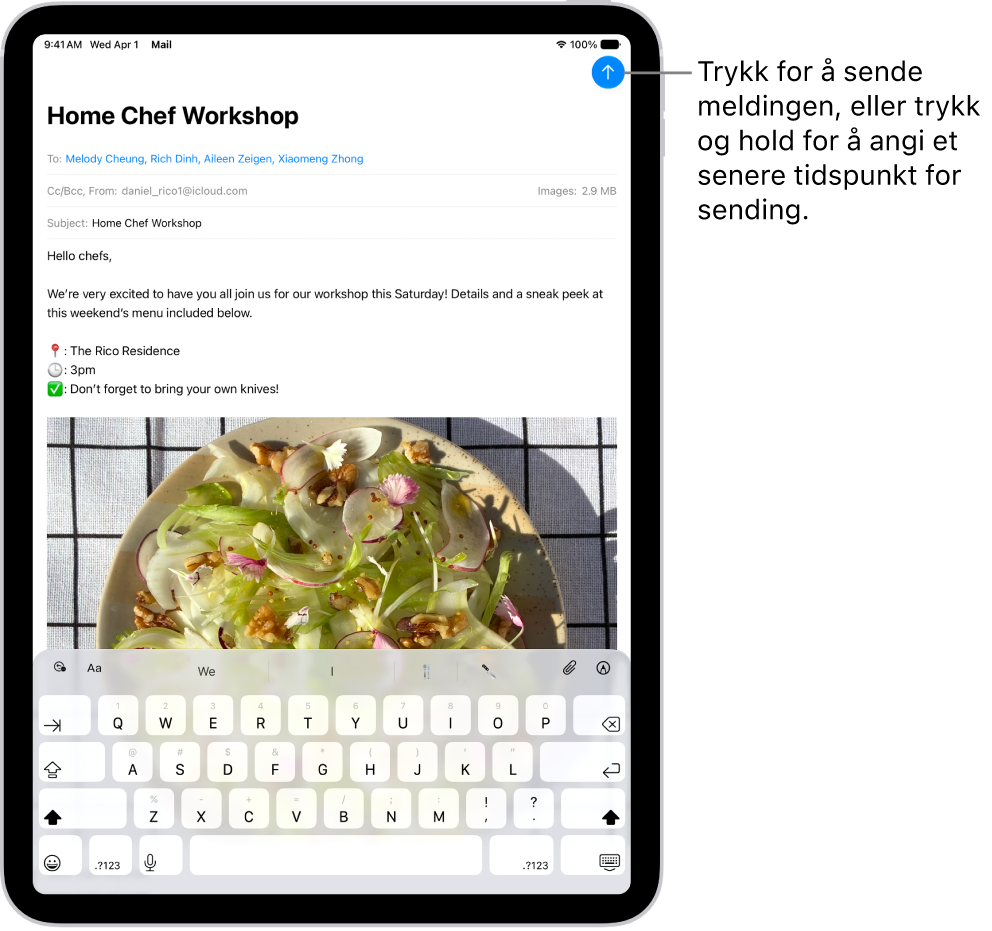 Et åpent e-postutkast i Mail-appen. Knappen for å sende meldingen er øverst til høyre. Trykk for å sende meldingen, eller trykk og hold for å planlegge et tidspunkt for sending.