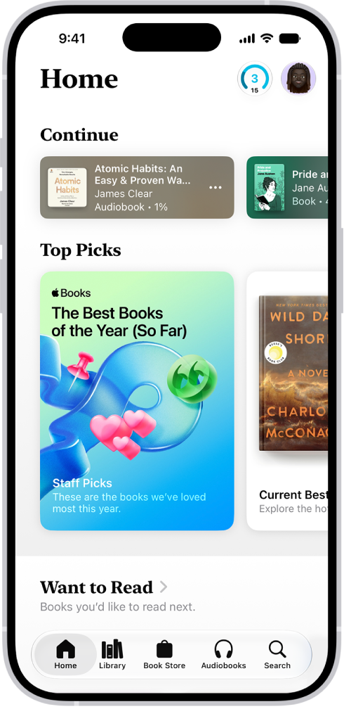 L’écran Accueil dans l’app Livres. En bas de l’écran se trouvent, de gauche à droite, les onglets Accueil, Bibliothèque, Librairie, Livres audio et Rechercher. L’onglet Accueil est sélectionné.