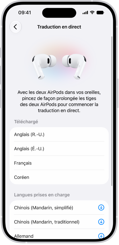 L’écran Langues dans les réglages Traduire des AirPods affichant une liste de langues téléchargées et prises en charge.