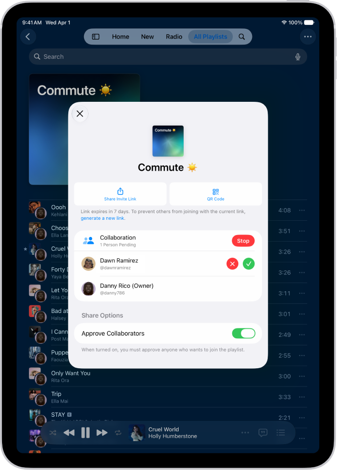 The Manage Collaboration screen in the Music app.