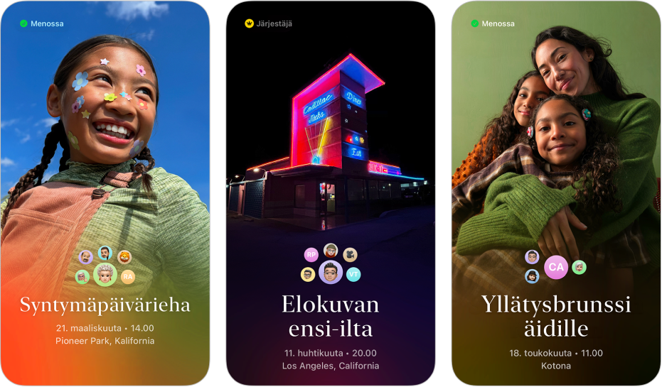 Kolme kutsua Apple Kutsut ‑apista. Jokaisessa on taustakuva, nimi, päivämäärä, kellonaika ja paikka.