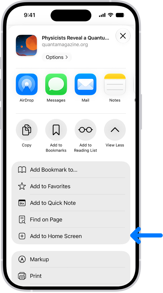 In Safari, the Share button on a website has been tapped, displaying a list of options, including Add to Home Screen.