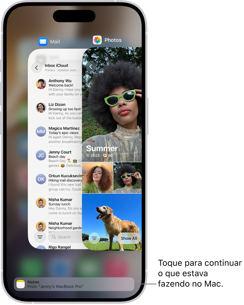 Seletor de Apps no iPhone mostrando uma notificação do Handoff na parte inferior da tela.