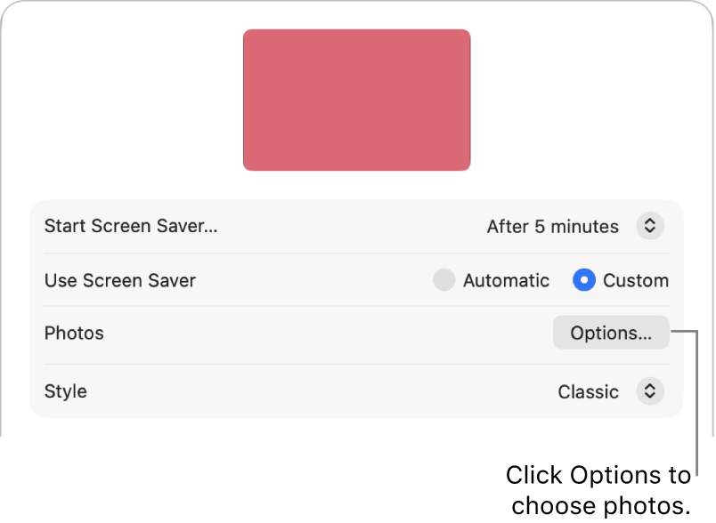 The top of the System Settings window, showing the Options button for Photos.