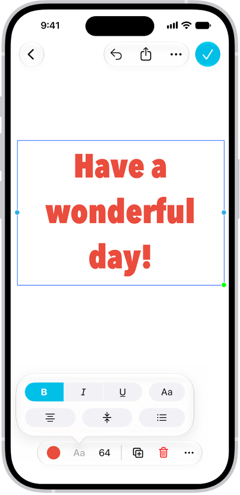 A Freeform board showing a text box selected and the text formatting tools below it.