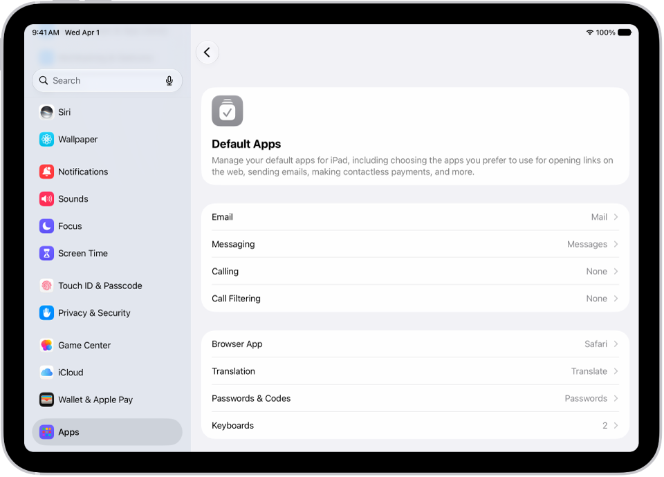 The screen for changing your default apps for sending email, browsing the web, and more.