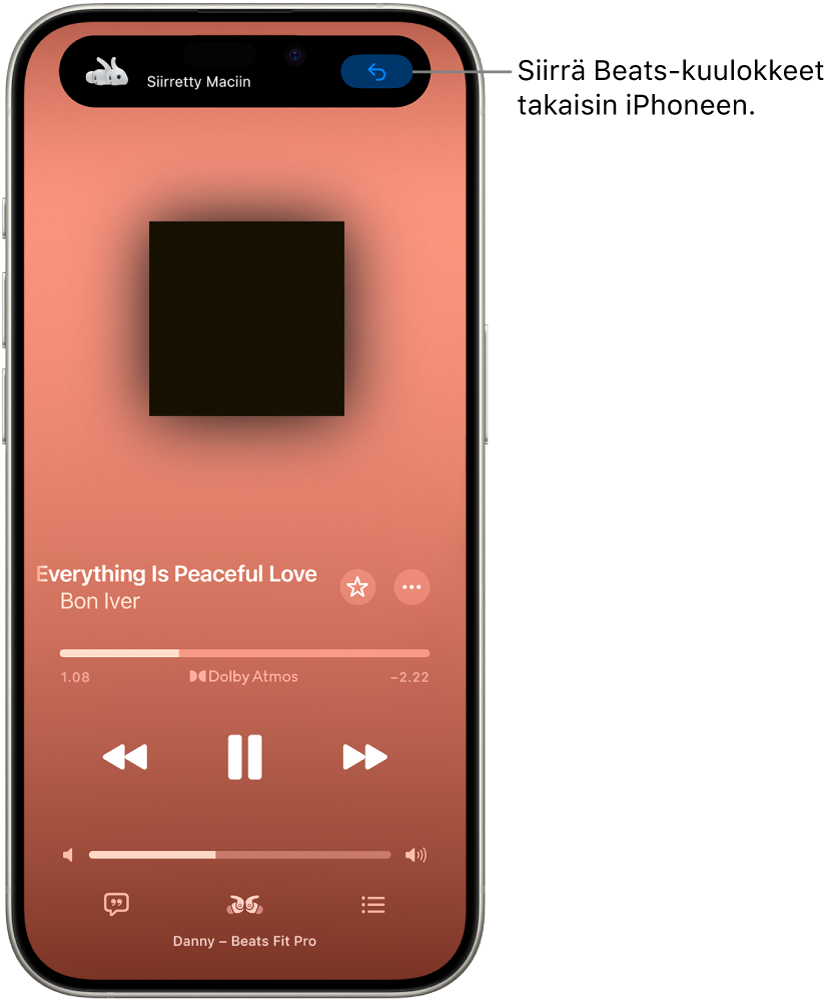 iPhonen Apple Music -näkymä ja yläreunassa viesti, jossa on teksti Siirretty: Mac ja painike Beats-laitteen siirtämiseen takaisin iPhoneen.