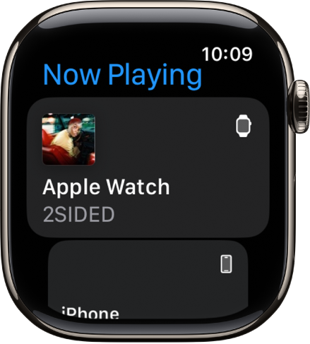 The Now Playing screen showing media on Apple Watch and on iPhone.