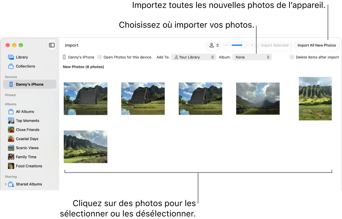 La fenêtre d’importation dans Photos sur Mac qui affiche de nouvelles photos sur un appareil. En haut et au centre se trouve le menu contextuel Album. Les boutons Importer se trouvent en haut à droite.