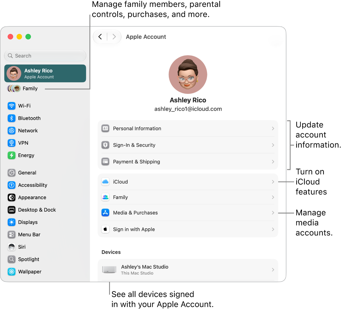 The Apple Account settings in System Settings with callouts to update account information, turn iCloud features on or off, manage media accounts, and adjust Family settings, where you can manage family members, parental controls, purchases, and more.