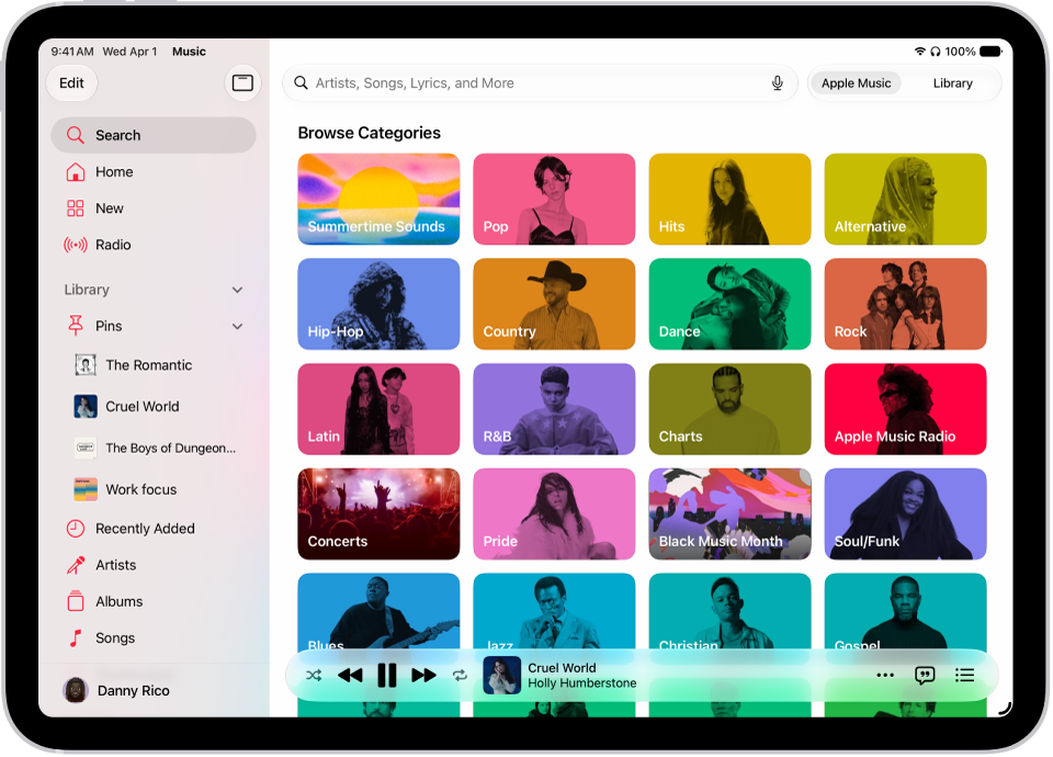 The Search tab showing the sidebar at the left and a search field at the top right. Below the search field, various categories of music appear. The MiniPlayer is at the bottom.